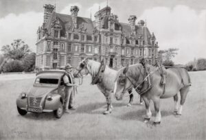 La 2cv & les deux chevaux dessin aux crayons graphite